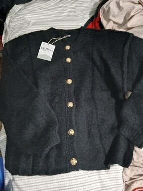 Black Button-Up Chunky Knit Cardigan with Gold Buttons